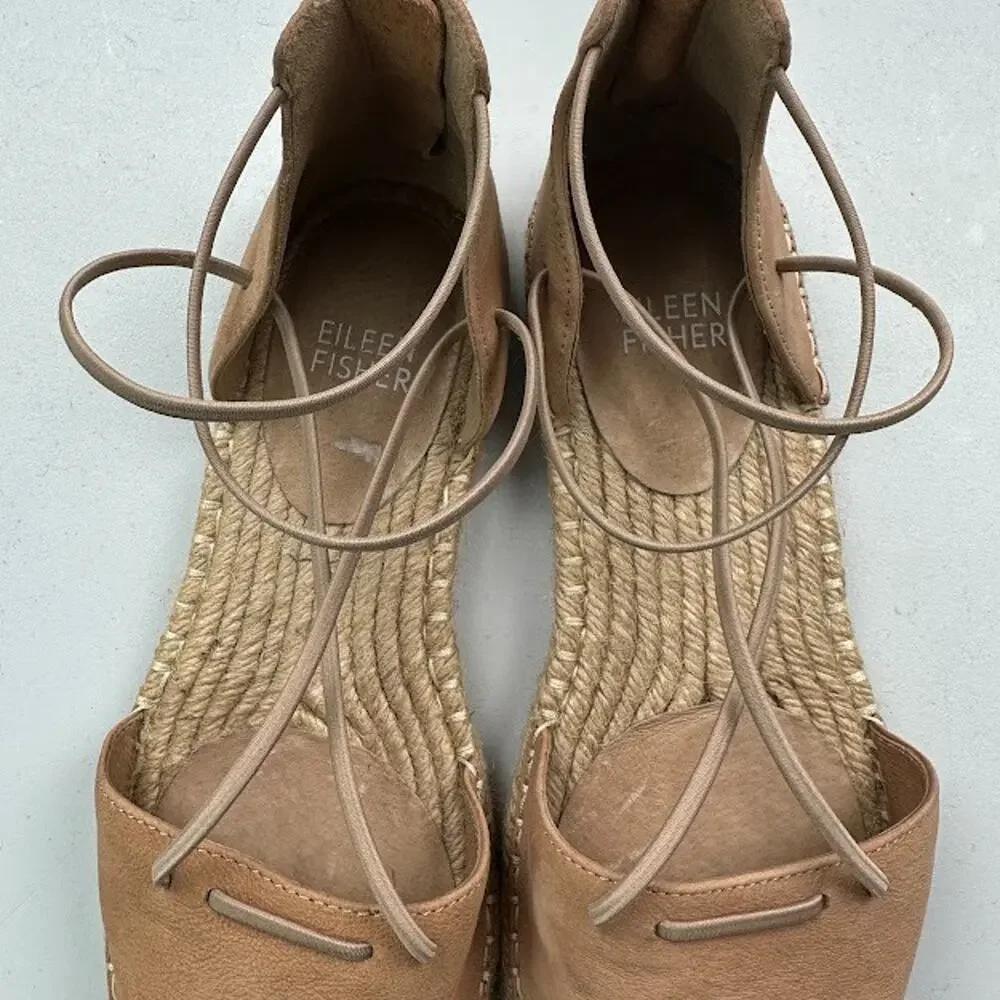 Eileen Fisher Sandals Womens 6.5 Tan Lace Espadrille Resort Quiet Luxury Boho - Picture 11 of 13